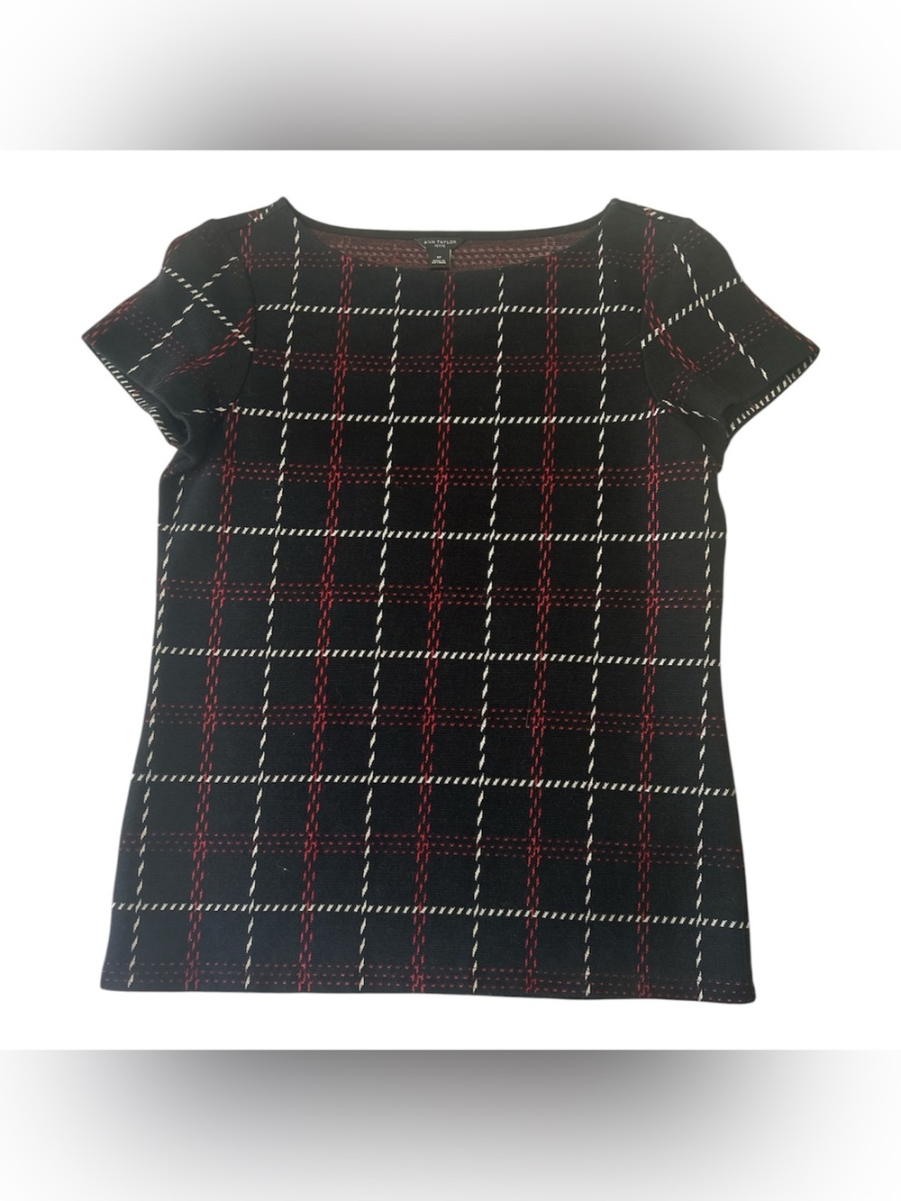 Ann Taylor Black Plaid Short Sleeve Knit Top with Red and White Grid Sz SP